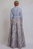 Navy Jacquard 3/4 Sleeves A-Line Long Mother of the Bride Dress with Bowknot