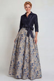 Navy Jacquard 3/4 Sleeves A-Line Long Mother of the Bride Dress with Bowknot