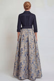 Navy Jacquard 3/4 Sleeves A-Line Long Mother of the Bride Dress with Bowknot