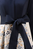 Navy Jacquard 3/4 Sleeves A-Line Long Mother of the Bride Dress with Bowknot