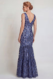 Dark Navy Flower Appliqued V Neck Mermaid Mother of the Bride Dress