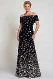 Sparkly Black Silver Off the Shoulder Long Mother of the Bride Dress with Sequins