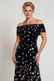 Sparkly Black Silver Off the Shoulder Long Mother of the Bride Dress with Sequins