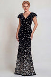 Sparkly Black Silver V Neck Mermaid Mother of the Bride Dress with Sequins