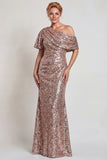 Sparkly Champagne One Shoulder Long Mother of the Bride Dress with Sequins