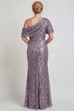 Sparkly Champagne One Shoulder Long Mother of the Bride Dress with Sequins