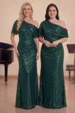 Sparkly Dark Green One Shoulder Long Choir Dress with Sequins