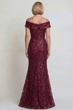 Sparkly Burgundy Off the Shoulder Mermaid Mother of the Bride Dress with Sequins