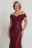 Sparkly Burgundy Off the Shoulder Mermaid Mother of the Bride Dress with Sequins