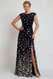 Sparkly Black Silver Bateau Neck A Line Mother of the Bride Dress with Sequins