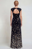 Sparkly Black Silver Bateau Neck A Line Mother of the Bride Dress with Sequins