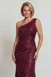 Sparkly Burgundy One Shoulder Mother of the Bride Dress with Sequins