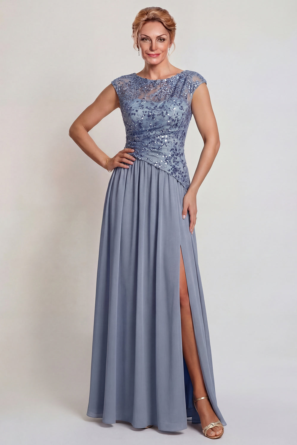 Zapaka Women Sparkly Grey Blue Appliqued Mother of the Bride Dress with Slit Sequins A-Line Wedding Guest Dress, Grey Blue / US16W Zapaka Women Sparkly Grey Blue Appliqued Mother of the Bride Dress with Slit Sequins A-Line Wedding Guest Dress, Grey Blue / US16W