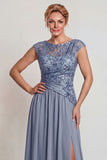 Sparkly Grey Blue Appliqued A-Line Mother of the Bride Dress with Slit