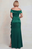 Dark Green Ruffled Off the Shoulder Sheath Satin Mother of the Bride Dress with Slit