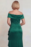 Dark Green Ruffled Off the Shoulder Sheath Satin Mother of the Bride Dress with Slit