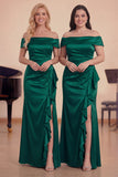 Dark Green Ruffled Off the Shoulder Sheath Satin Choir Dress with Slit