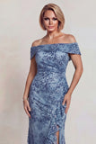 Grey Blue Sequins Off the Shoulder Mother of the Bride Dress with Ruffle Slit