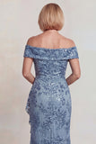 Grey Blue Sequins Off the Shoulder Mother of the Bride Dress with Ruffle Slit
