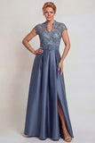 Grey Blue Appliqued A Line Satin Mother of the Bride Dress with Slit