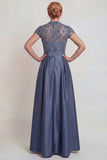 Grey Blue Appliqued A Line Satin Mother of the Bride Dress with Slit