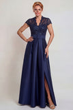 Grey Blue Appliqued A Line Satin Mother of the Bride Dress with Slit