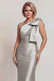Grey Satin One Shoulder Mermaid Mother of the Bride Dress with Bowknot