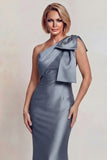 Grey Satin One Shoulder Mermaid Mother of the Bride Dress with Bowknot