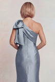 Grey Satin One Shoulder Mermaid Mother of the Bride Dress with Bowknot