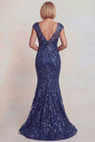 Sparkly Dark Blue Appliqued V Neck Mermaid Mother of the Bride Dress