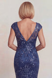Sparkly Dark Blue Appliqued V Neck Mermaid Mother of the Bride Dress