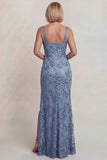 Sparkly Grey Blue Appliqued Spaghetti Straps Sheath Mother of the Bride Dress with Slit