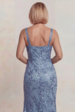 Sparkly Grey Blue Appliqued Spaghetti Straps Sheath Mother of the Bride Dress with Slit