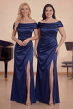Navy Satin Off the Shoulder Sheath Choir Dress with Slit