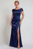 Navy Satin Off the Shoulder Sheath Mother of the Bride Dress with Slit