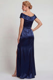 Navy Satin Off the Shoulder Sheath Mother of the Bride Dress with Slit