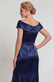 Navy Satin Off the Shoulder Sheath Mother of the Bride Dress with Slit
