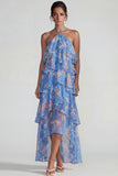 Blue Pink Printed Flower Halter Tiered Chiffon A Line Midi Dress with Ruffles