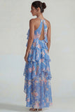 Blue Pink Printed Flower Halter Tiered Chiffon A Line Midi Dress with Ruffles