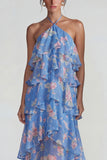 Blue Pink Printed Flower Halter Tiered Chiffon A Line Midi Dress with Ruffles