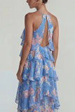 Blue Pink Printed Flower Halter Tiered Chiffon A Line Midi Dress with Ruffles