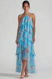 Blue Pink Printed Flower Halter Tiered Chiffon A Line Midi Dress with Ruffles