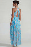 Blue Pink Printed Flower Halter Tiered Chiffon A Line Midi Dress with Ruffles