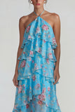 Blue Pink Printed Flower Halter Tiered Chiffon A Line Midi Dress with Ruffles