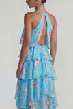 Blue Pink Printed Flower Halter Tiered Chiffon A Line Midi Dress with Ruffles
