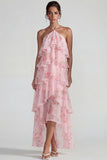 Blue Pink Printed Flower Halter Tiered Chiffon A Line Midi Dress with Ruffles