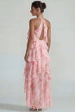 Blue Pink Printed Flower Halter Tiered Chiffon A Line Midi Dress with Ruffles