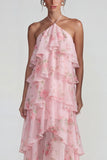 Blue Pink Printed Flower Halter Tiered Chiffon A Line Midi Dress with Ruffles