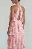 Blue Pink Printed Flower Halter Tiered Chiffon A Line Midi Dress with Ruffles