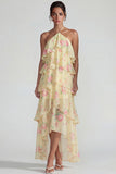 Blue Pink Printed Flower Halter Tiered Chiffon A Line Midi Dress with Ruffles